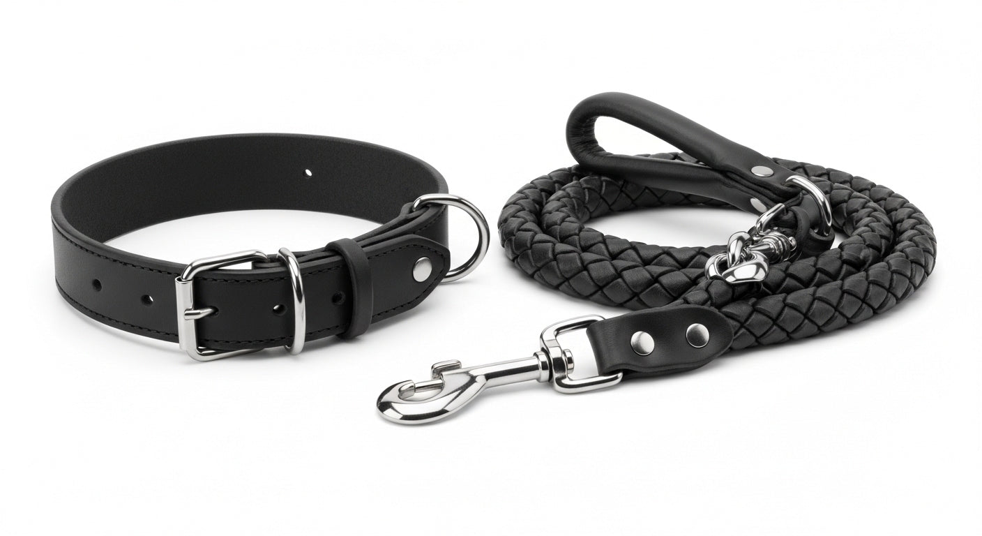 Braided Leather Dog Collar &amp; Leash Set for Medium & Large Dogs