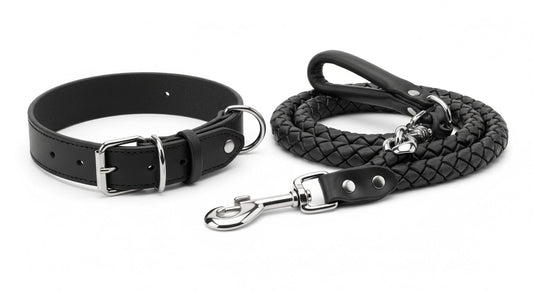 Braided Leather Dog Collar &amp; Leash Set for Medium & Large Dogs