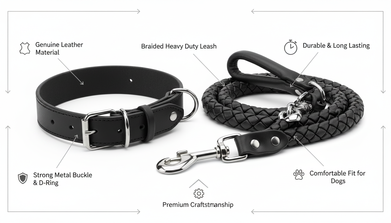 Braided Leather Dog Collar &amp; Leash Set for Medium & Large Dogs