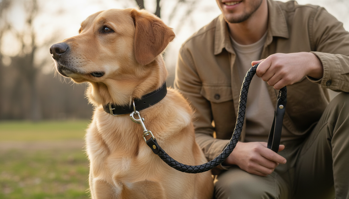 Braided Leather Dog Collar &amp; Leash Set for Medium & Large Dogs