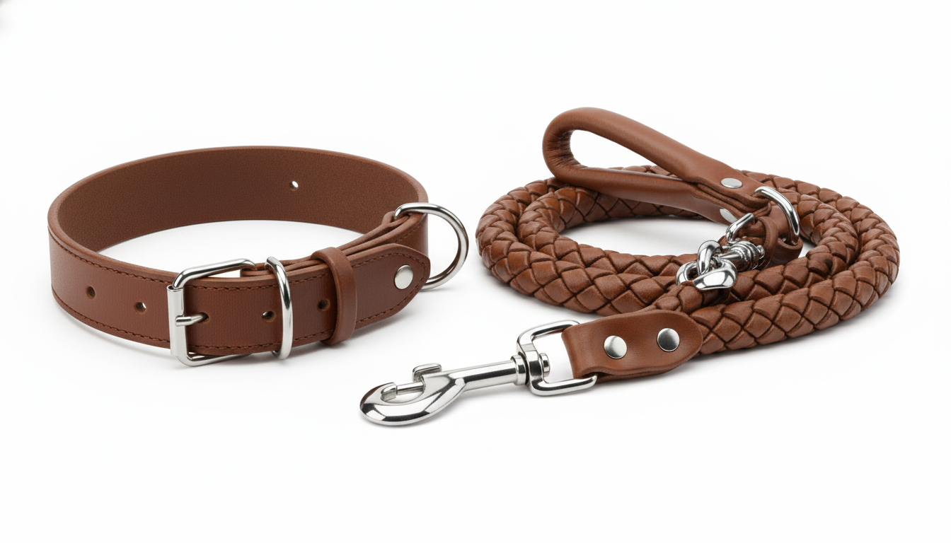 Braided Leather Dog Collar &amp; Leash Set for Medium & Large Dogs