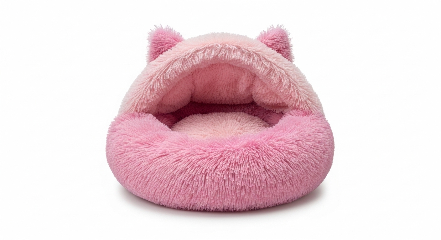 Soft Pink Plush Pet Bed Featuring Fluffy Interior and Cute Ears